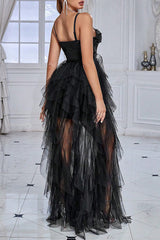 Schwarzes Glitzer korsett Spaghettiträger Langes Partykleid mit Rüschen