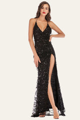 Schwarzes Spaghettiträger-Kleid mit V-Ausschnitt und rückenfreien Fransen mit Pailletten und Schlitz