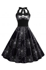 Halloween Muster Schwarzes Neckholder Vintage Kleid