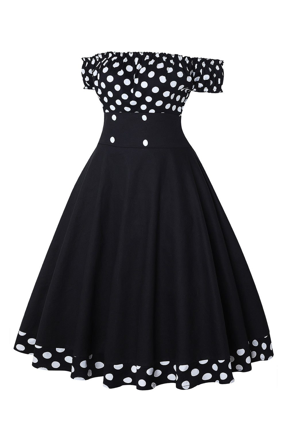 Schulterfreies Polka Dots Kleid aus den 1950er Jahren