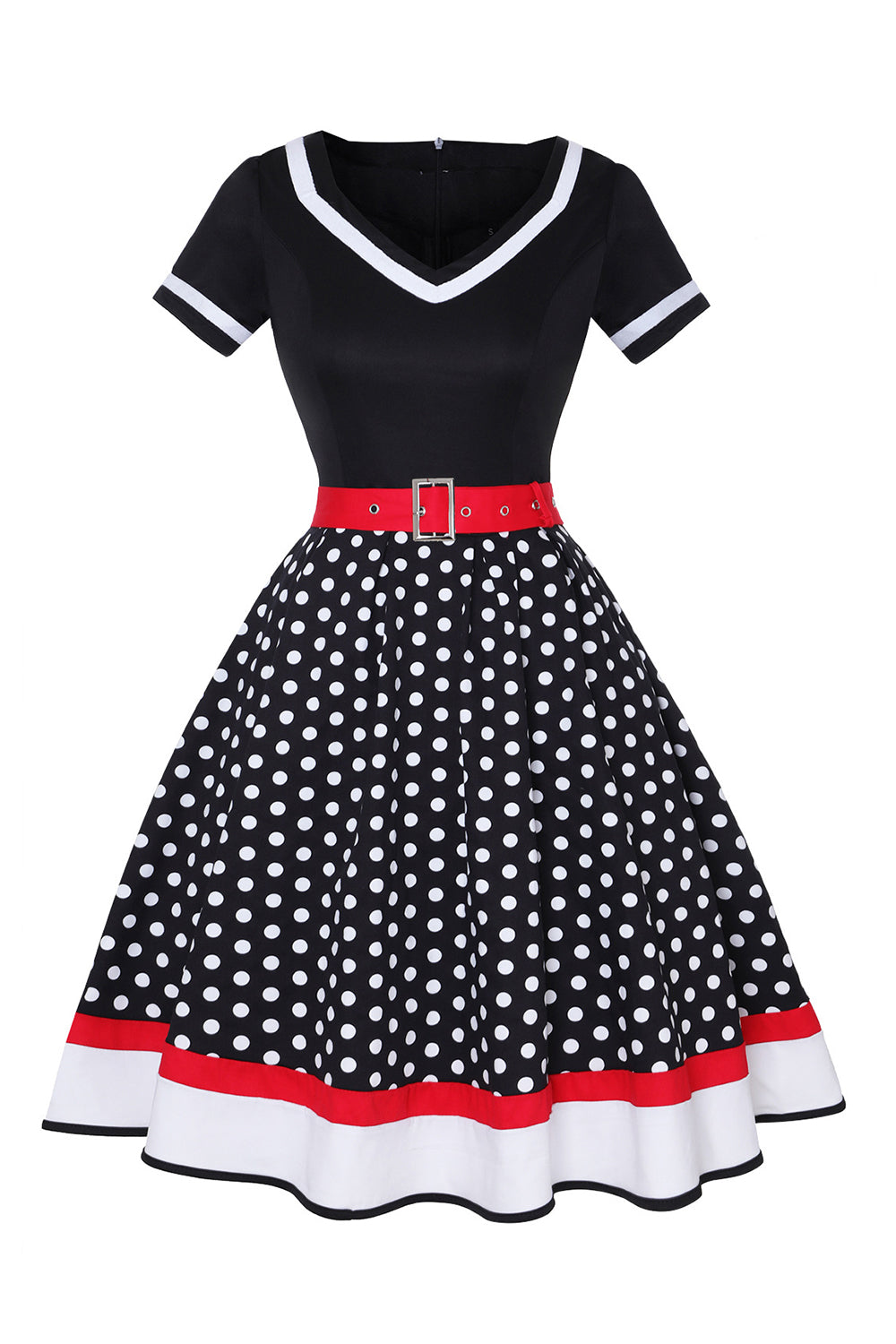 Schwarzes Polka Dots Rockabilly Kleid mit V-Ausschnitt aus den 1950er Jahren