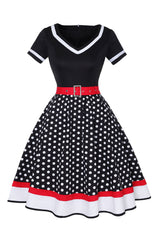 Schwarzes Polka Dots Rockabilly Kleid mit V-Ausschnitt aus den 1950er Jahren
