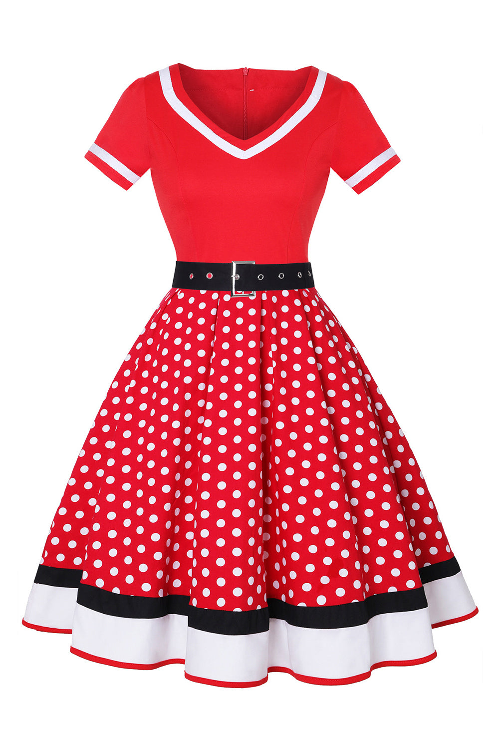 Schwarzes Polka Dots Rockabilly Kleid mit V-Ausschnitt aus den 1950er Jahren