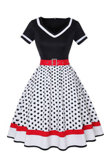 Schwarzes Polka Dots Rockabilly Kleid mit V-Ausschnitt aus den 1950er Jahren