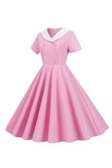 Rosa Peter Pan Kragen Swing 1950er Jahre Kleid mit kurzen Ärmeln