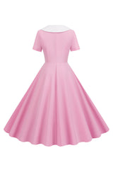 Rosa Peter Pan Kragen Swing 1950er Jahre Kleid mit kurzen Ärmeln