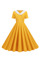 Rosa Peter Pan Kragen Swing 1950er Jahre Kleid mit kurzen Ärmeln