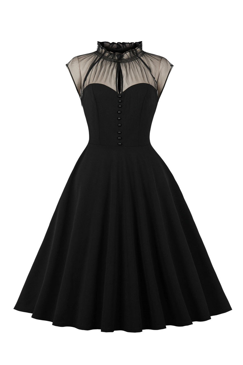 Schwarzes A Linie Vintage Kleid der 1950er Jahre mit Knöpfen