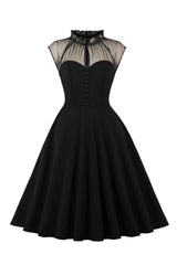 Schwarzes A Linie Vintage Kleid der 1950er Jahre mit Knöpfen