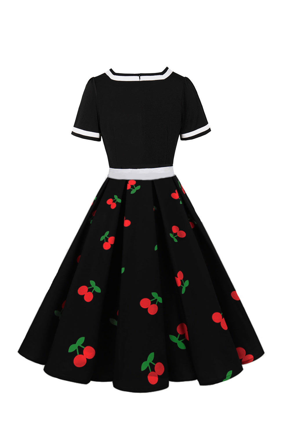 Rockabilly Kleid mit schwarzem V-Ausschnitt und kurzen Ärmeln