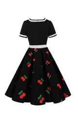 Rockabilly Kleid mit schwarzem V-Ausschnitt und kurzen Ärmeln
