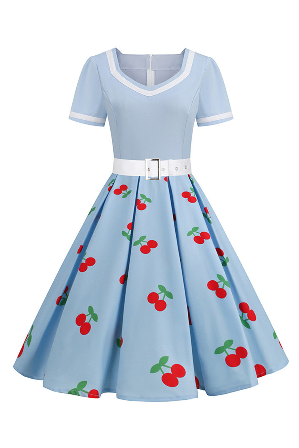 Rockabilly Kleid mit schwarzem V-Ausschnitt und kurzen Ärmeln