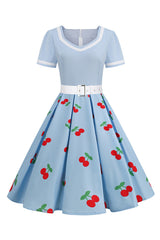 Rockabilly Kleid mit schwarzem V-Ausschnitt und kurzen Ärmeln