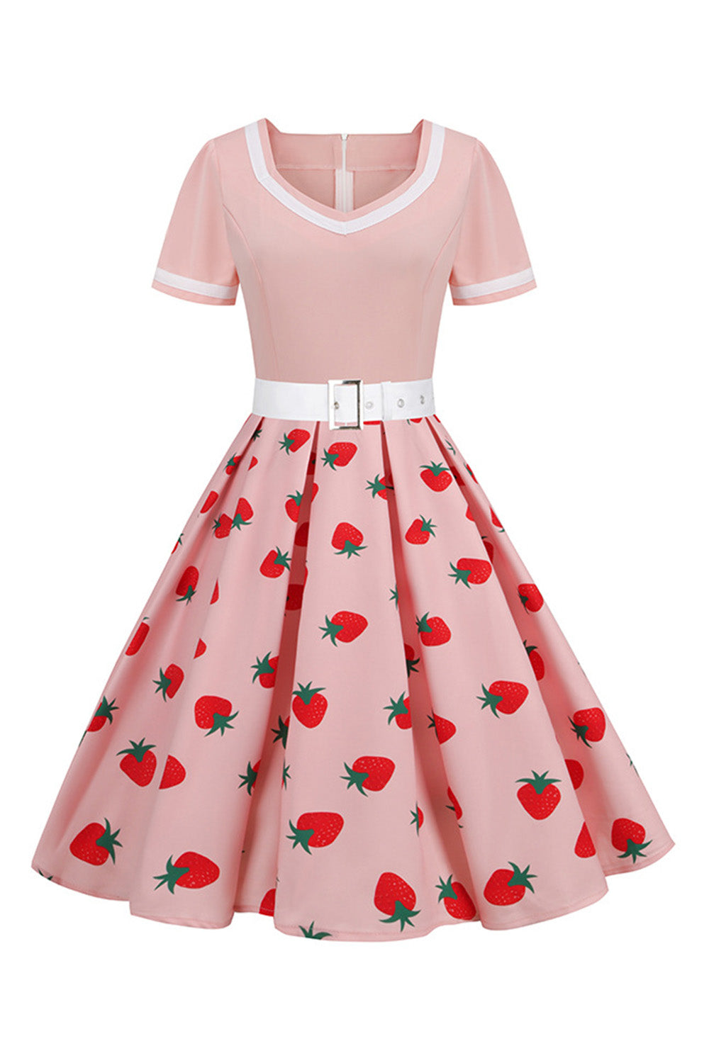 Rockabilly Kleid mit schwarzem V-Ausschnitt und kurzen Ärmeln