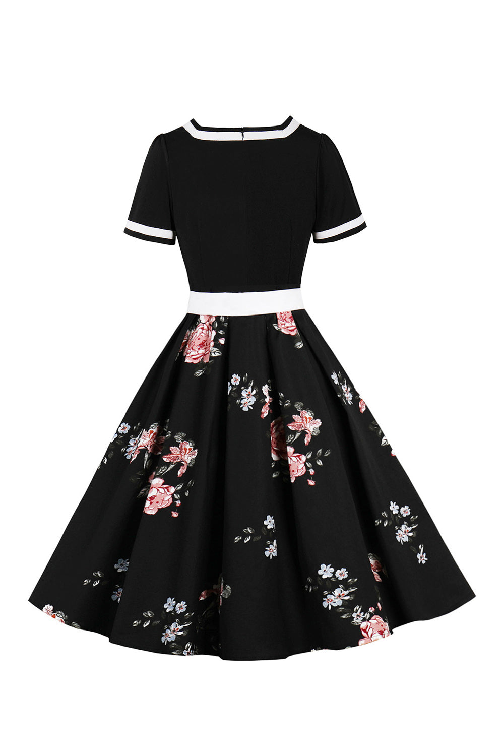 V-Ausschnitt kurze Ärmel schwarz 1950er Jahre Rockabilly Kleid mit Gürtel