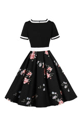 V-Ausschnitt kurze Ärmel schwarz 1950er Jahre Rockabilly Kleid mit Gürtel