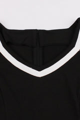 V-Ausschnitt kurze Ärmel schwarz 1950er Jahre Rockabilly Kleid mit Gürtel