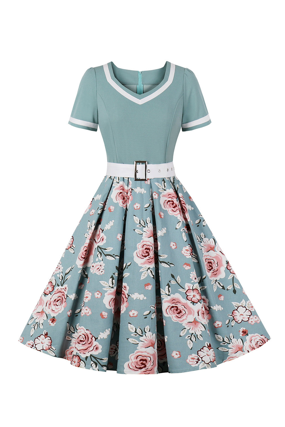 V-Ausschnitt kurze Ärmel schwarz 1950er Jahre Rockabilly Kleid mit Gürtel