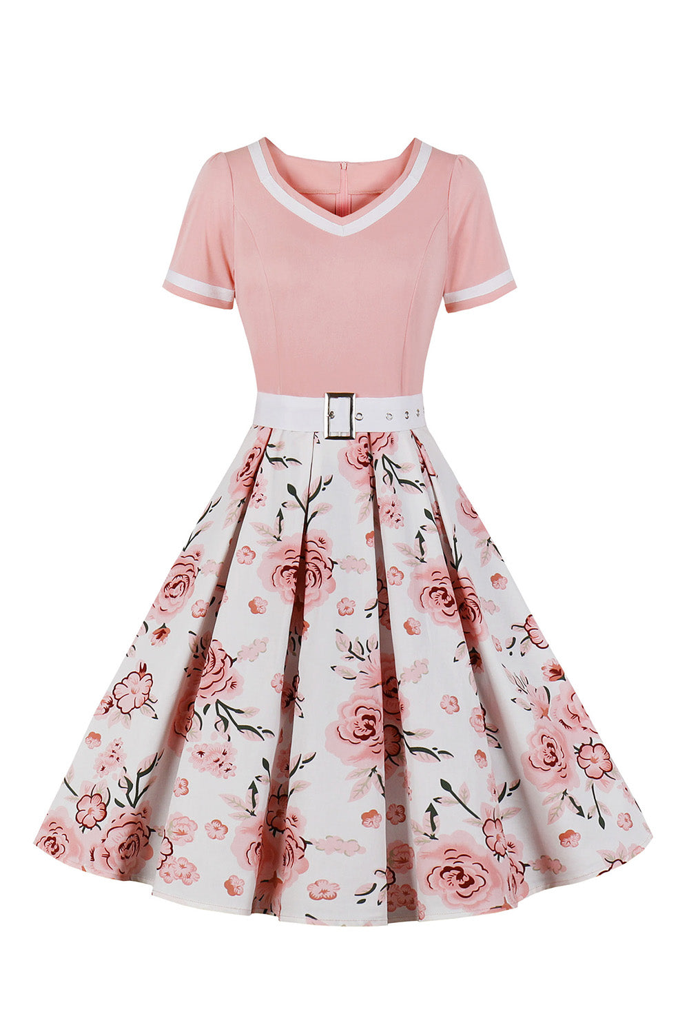 V-Ausschnitt kurze Ärmel schwarz 1950er Jahre Rockabilly Kleid mit Gürtel