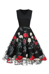 Fuchsia und schwarzes Vintage Rockabilly Kleid