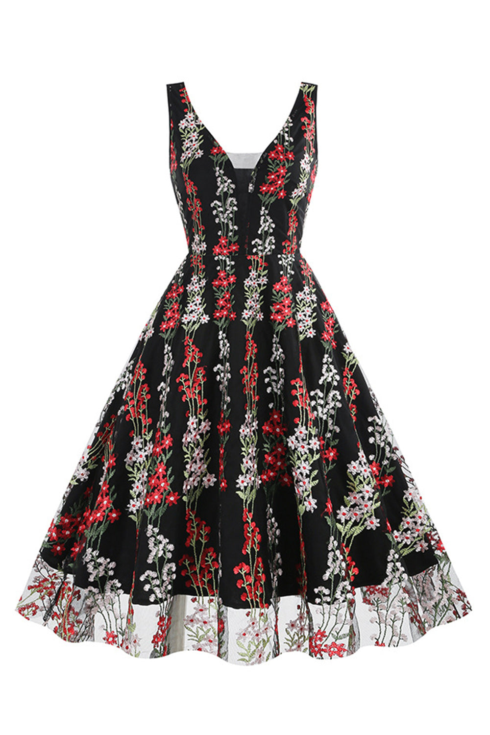 Schwarzes Rockabilly 1950er Jahre Kleid mit Stickerei