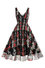 Schwarzes Rockabilly 1950er Jahre Kleid mit Stickerei