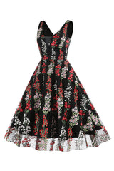 Schwarzes Rockabilly 1950er Jahre Kleid mit Stickerei