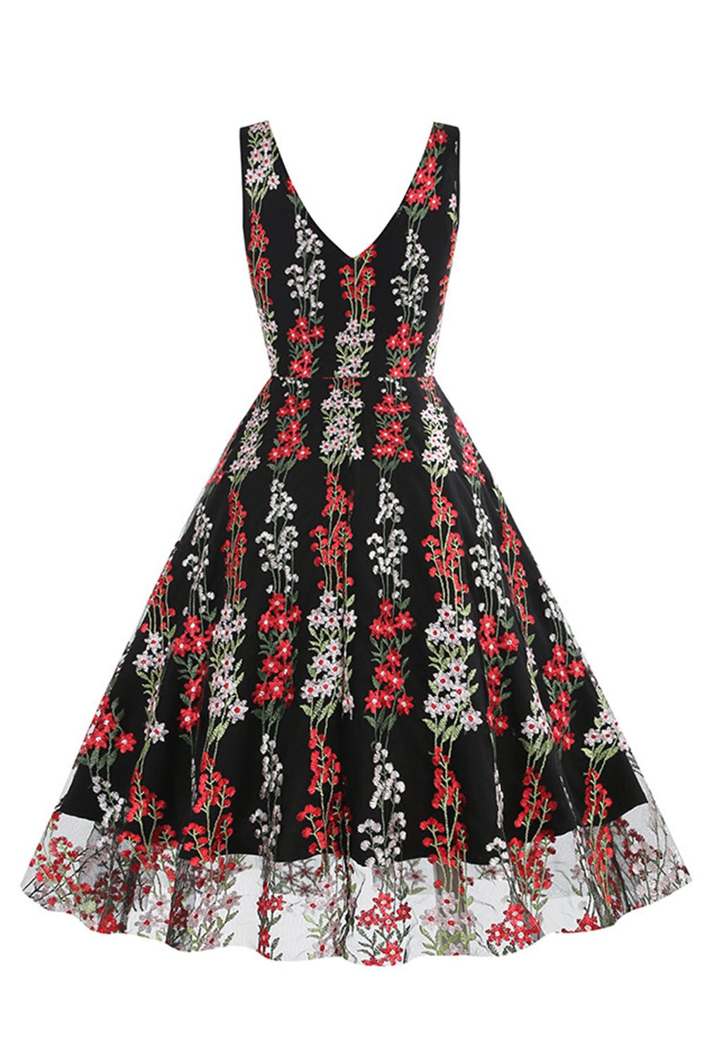 Schwarzes Rockabilly 1950er Jahre Kleid mit Stickerei