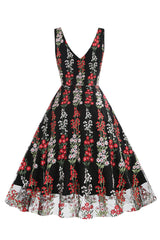 Schwarzes Rockabilly 1950er Jahre Kleid mit Stickerei