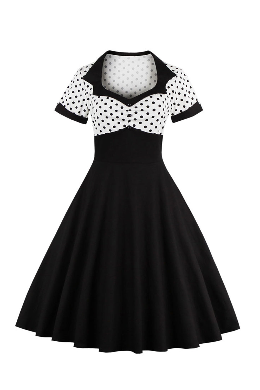 Schwarzes Polka Dots Rockabilly 1950er Jahre Kleid mit kurzen Ärmeln