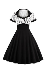 Schwarzes Polka Dots Rockabilly 1950er Jahre Kleid mit kurzen Ärmeln