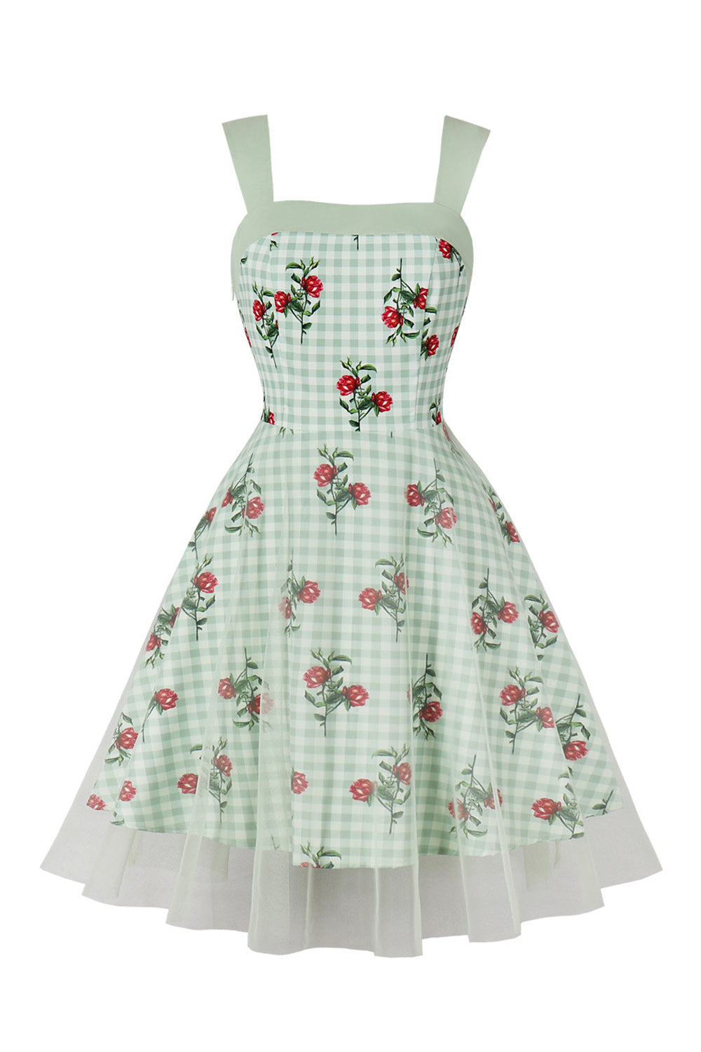Grünes kariertes Rockabilly Kleid aus den 1950er Jahren mit Blumendruck