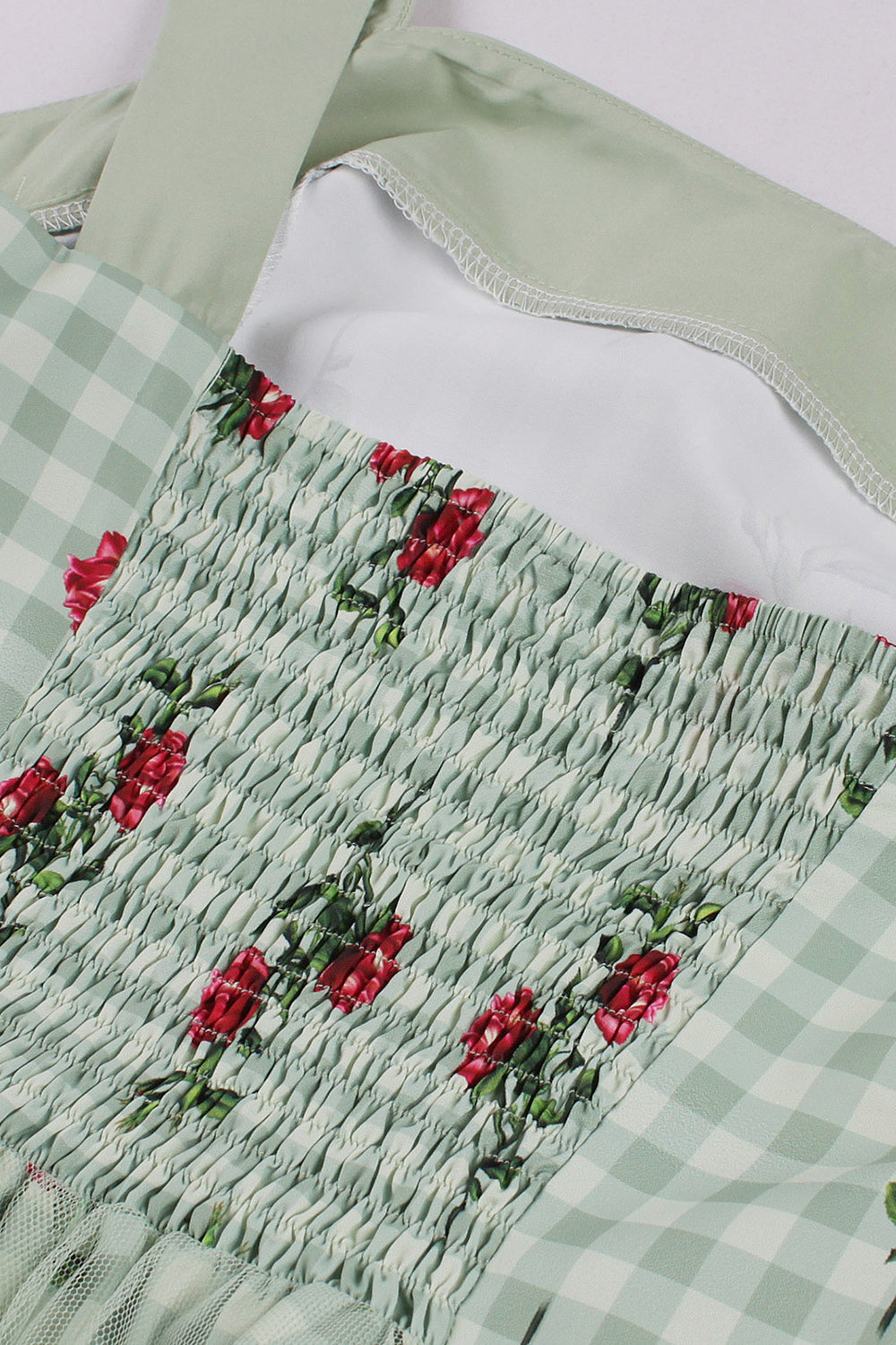 Grünes kariertes Rockabilly Kleid aus den 1950er Jahren mit Blumendruck