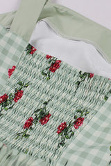 Grünes kariertes Rockabilly Kleid aus den 1950er Jahren mit Blumendruck