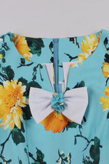Blaues Blumenmuster Kurzärmeliges Rockabilly Kleid