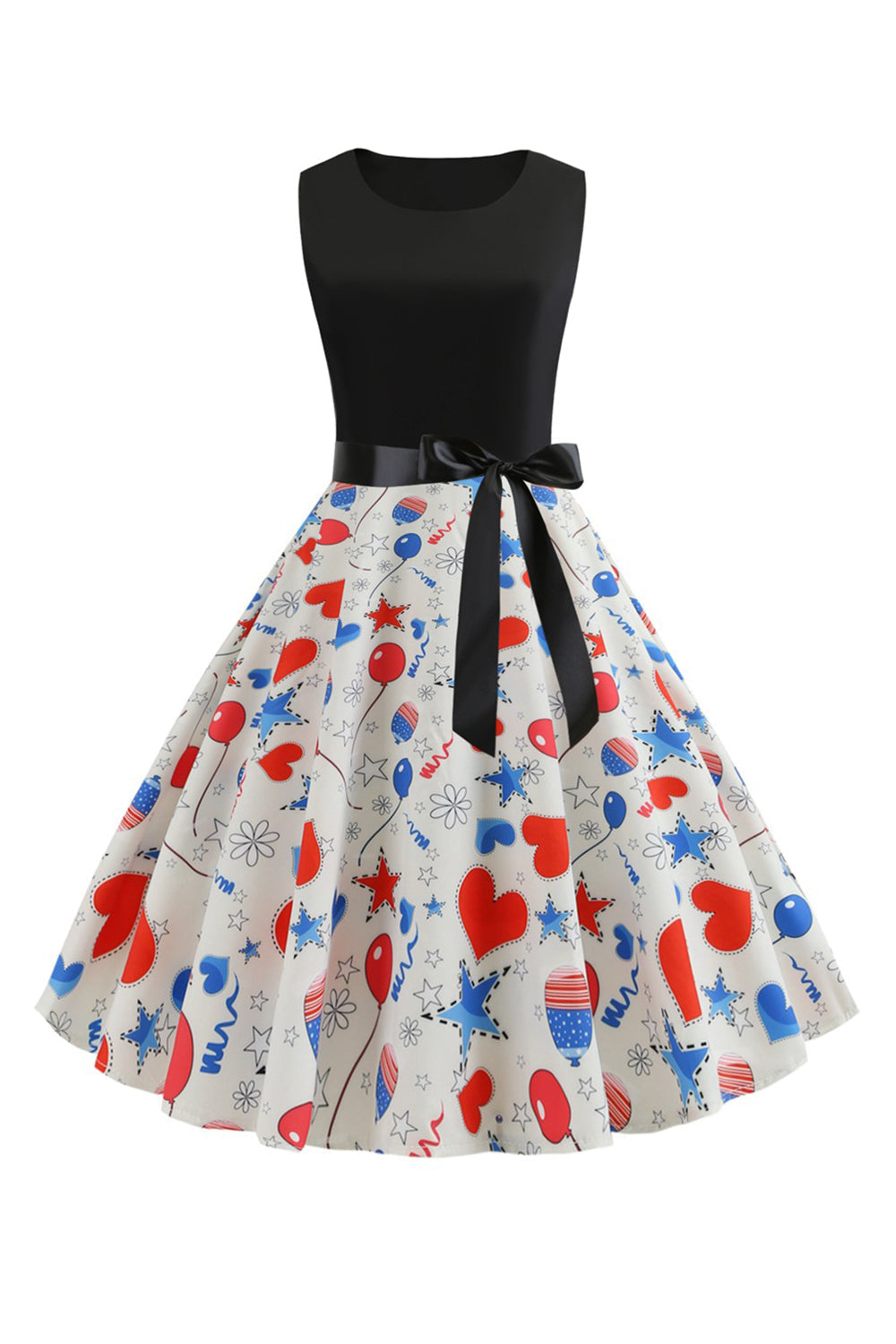 Schwarzes bedrucktes ärmelloses Rockabilly Kleid mit Gürtel