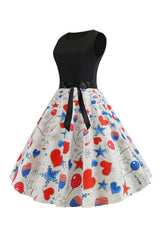 Schwarzes bedrucktes ärmelloses Rockabilly Kleid mit Gürtel