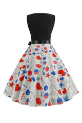 Schwarzes bedrucktes ärmelloses Rockabilly Kleid mit Gürtel