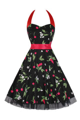 Hepburn Stil Neckholder Tüll Schwarz Bedrucktes Rockabilly Kleid