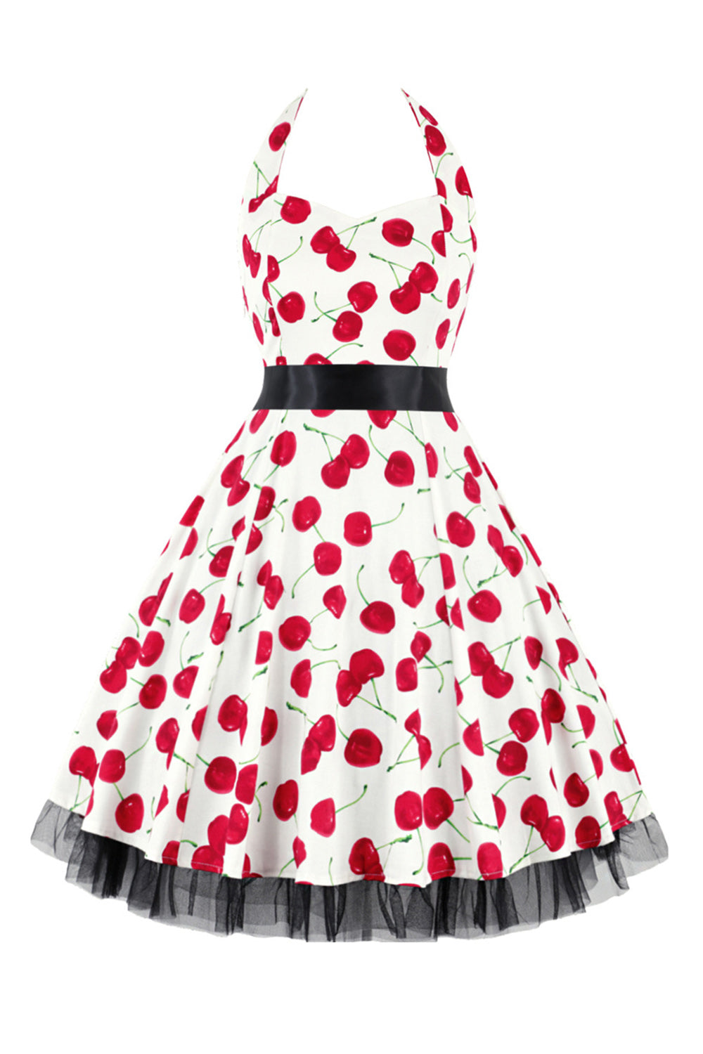 Hepburn Stil Neckholder Tüll Schwarz Bedrucktes Rockabilly Kleid