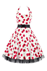 Hepburn Stil Neckholder Tüll Schwarz Bedrucktes Rockabilly Kleid