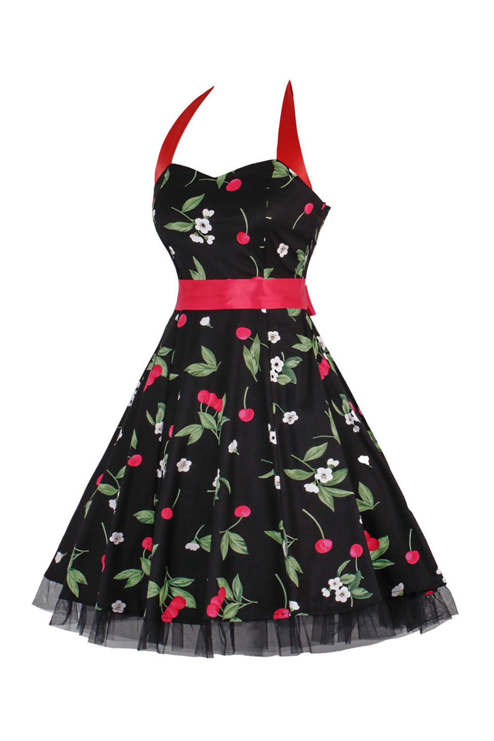 Hepburn Stil Neckholder Tüll Schwarz Bedrucktes Rockabilly Kleid