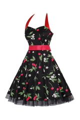 Hepburn Stil Neckholder Tüll Schwarz Bedrucktes Rockabilly Kleid