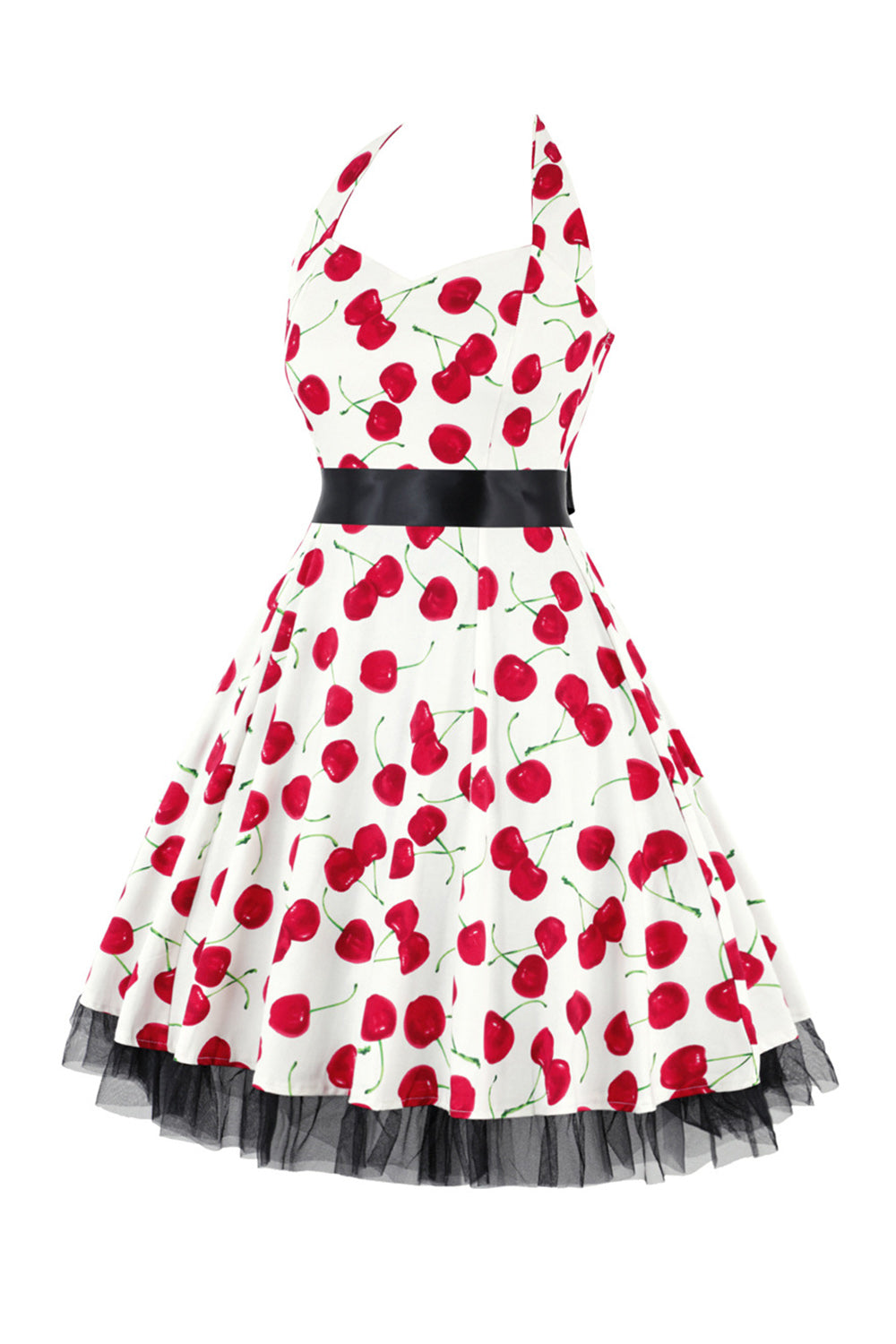 Hepburn Stil Neckholder Tüll Schwarz Bedrucktes Rockabilly Kleid