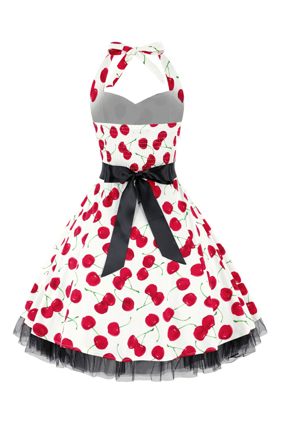 Hepburn Stil Neckholder Tüll Schwarz Bedrucktes Rockabilly Kleid