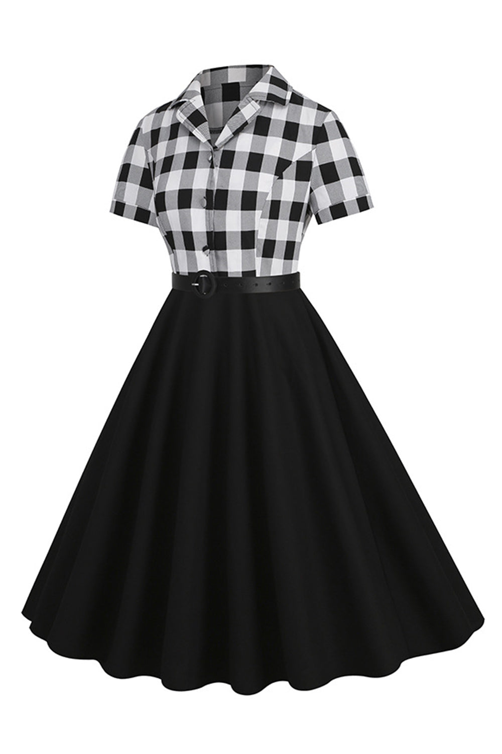 V-Ausschnitt Kurzarm Kariertes schwarzes Kleid aus den 1950er Jahren mit Gürtel