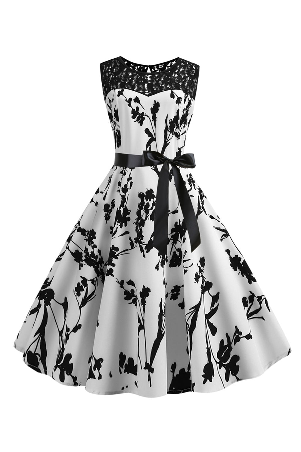 Ärmelloses bedrucktes weißes Rockabilly Kleid mit U-Ausschnitt und Schärpe