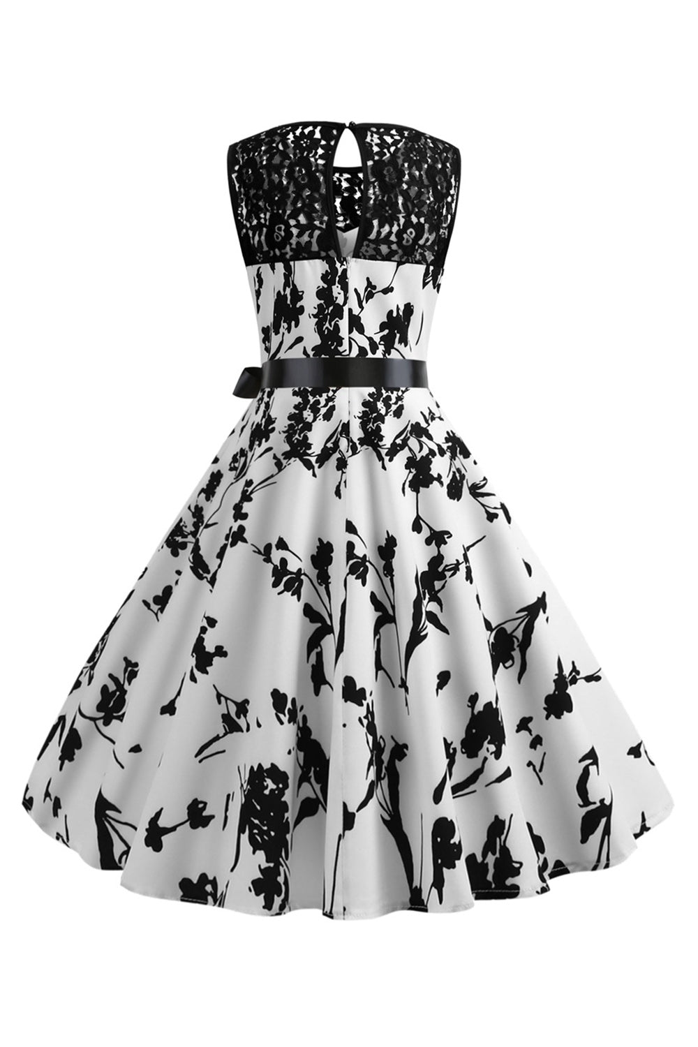 Ärmelloses bedrucktes weißes Rockabilly Kleid mit U-Ausschnitt und Schärpe