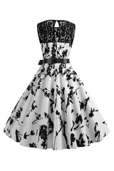 Ärmelloses bedrucktes weißes Rockabilly Kleid mit U-Ausschnitt und Schärpe