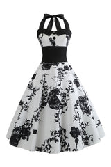 Weißes Neckholder 50er Jahren Kleid mit Knopf